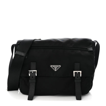 Tessuto Nylon Saffiano Double Buckle Messenger Shoulder Bag Black