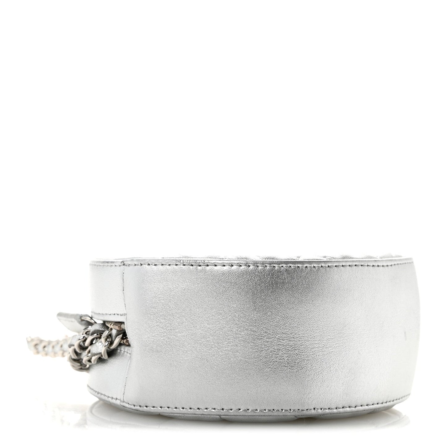 Metallic Calfskin Quilted Round Bracelet Clutch With Chain Silver