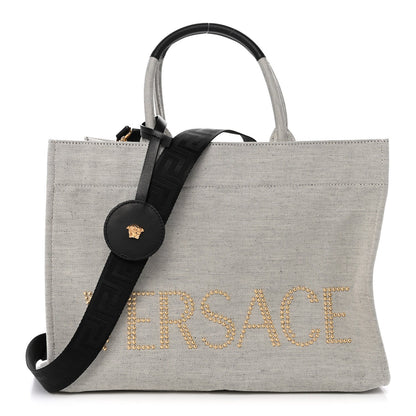Canvas Calfskin Studded Large Logo Tote Bag Ecru Black