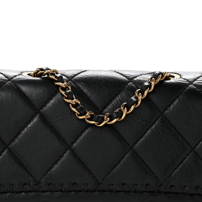 Crumpled Calfskin Whipstich Quilted Single Black