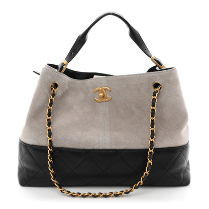 Suede Calfskin Shiny Lambskin Quilted Small Coco Base Shopping Bag Grey Black