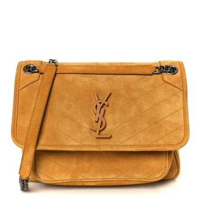 Suede Monogram Medium Niki Chain Satchel Cheddar