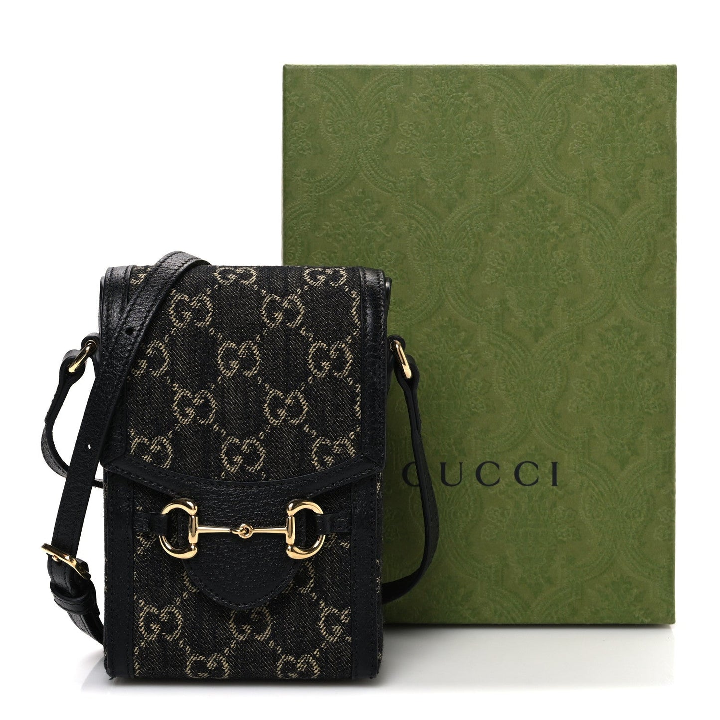 Jacquard Black Denim GG Monogram Textured Dollar Calfskin Mini Horsebit 1955 Crossbody Bag Black Ivory