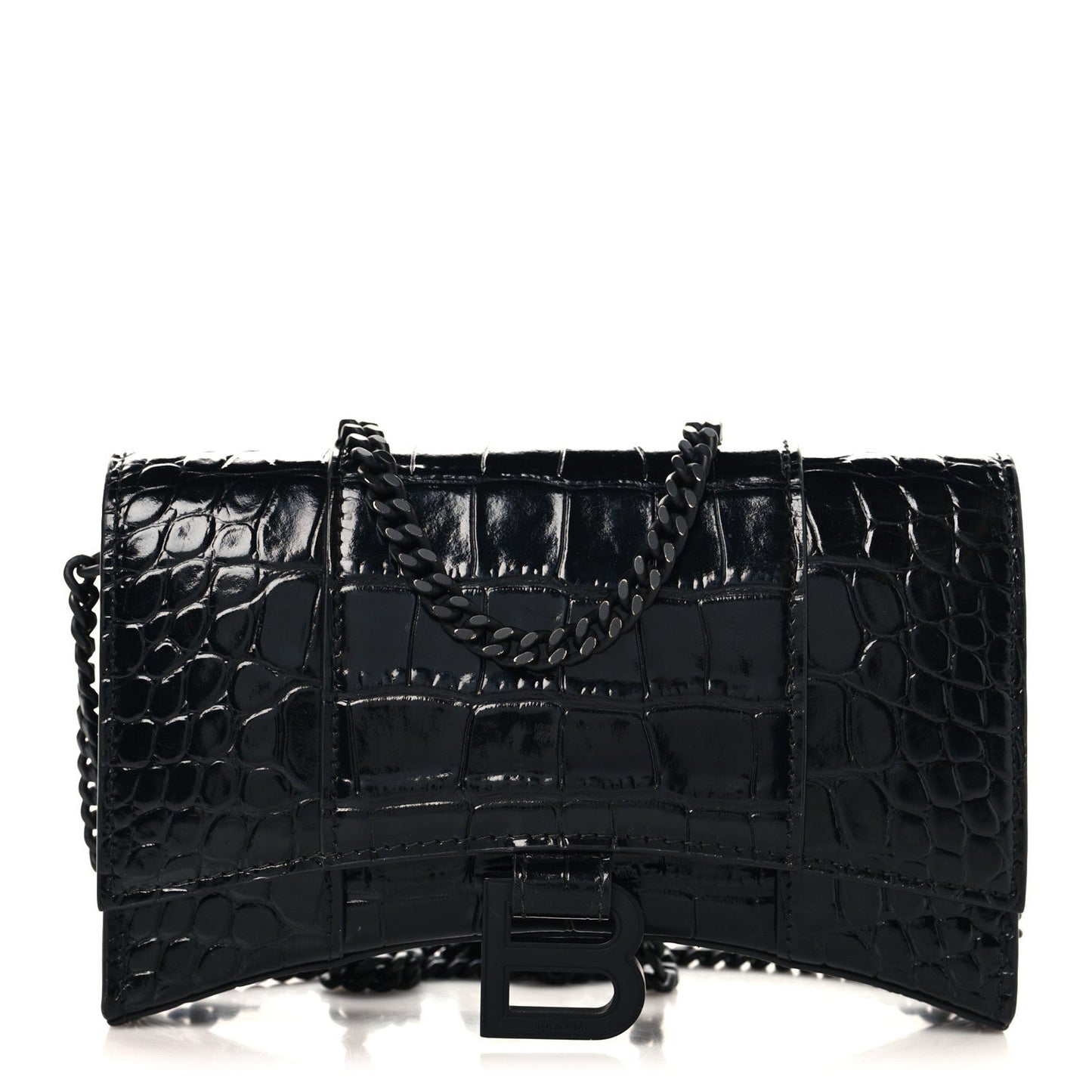Shiny Calfskin Monochrome Crocodile Embossed Hourglass Chain Bag Black