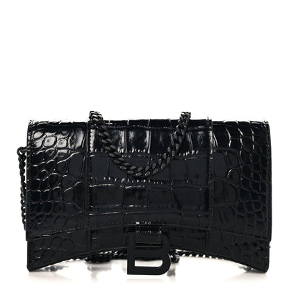 Shiny Calfskin Monochrome Crocodile Embossed Hourglass Chain Bag Black
