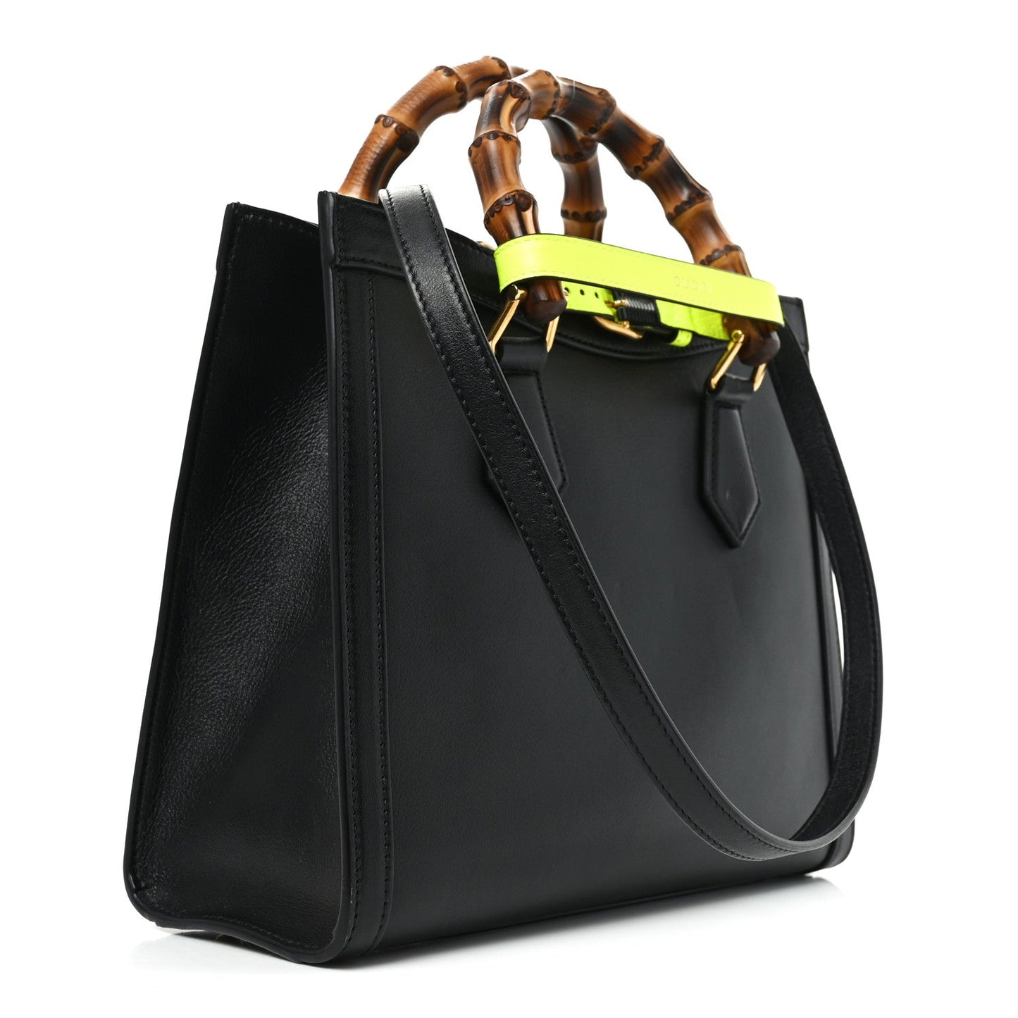 Calfskin Small Diana Tote Bag Black Yellow Fluo