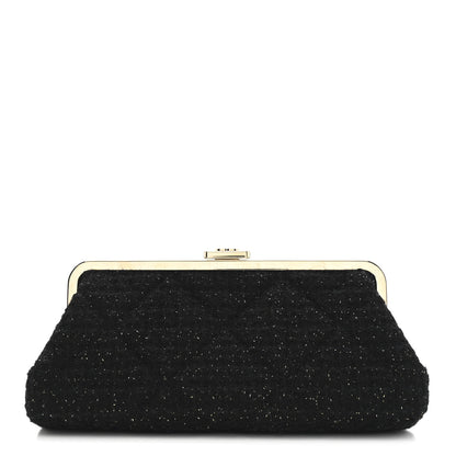 Tweed Quilted Kiss Lock Clutch Black