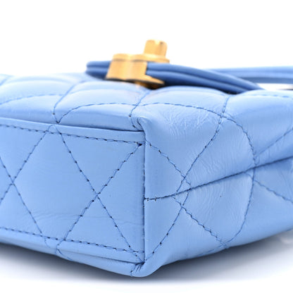 Shiny Aged Calfskin Quilted Mini Nano Kelly Shopper Blue