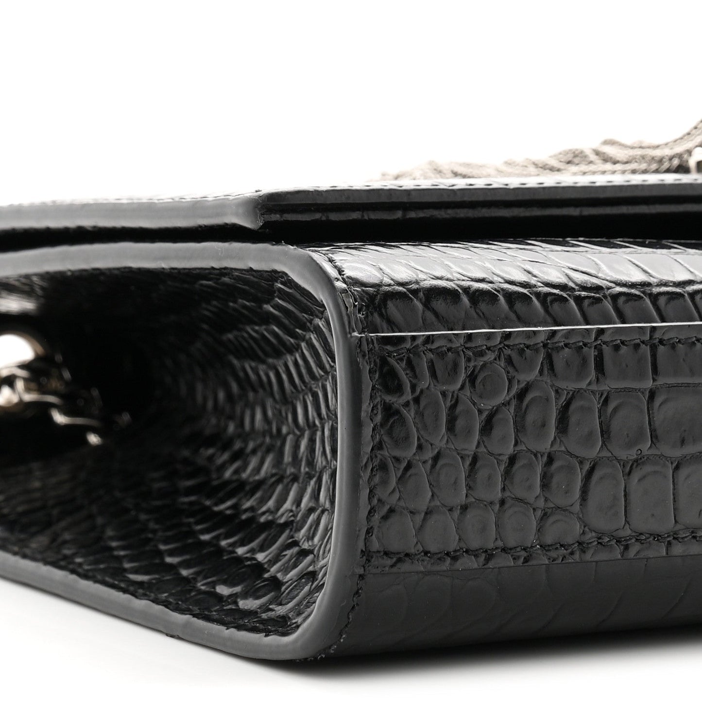 Calfskin Crocodile Embossed Small Classic Monogram Kate Tassel Satchel Black