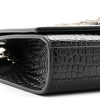 Calfskin Crocodile Embossed Small Classic Monogram Kate Tassel Satchel Black