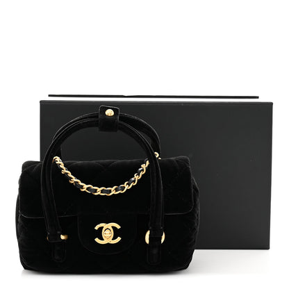 Velvet Quilted Mini Top Handle Flap Black
