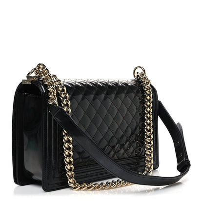 Iridescent Glazed Calfskin Quilted New Medium Boy Flap Black