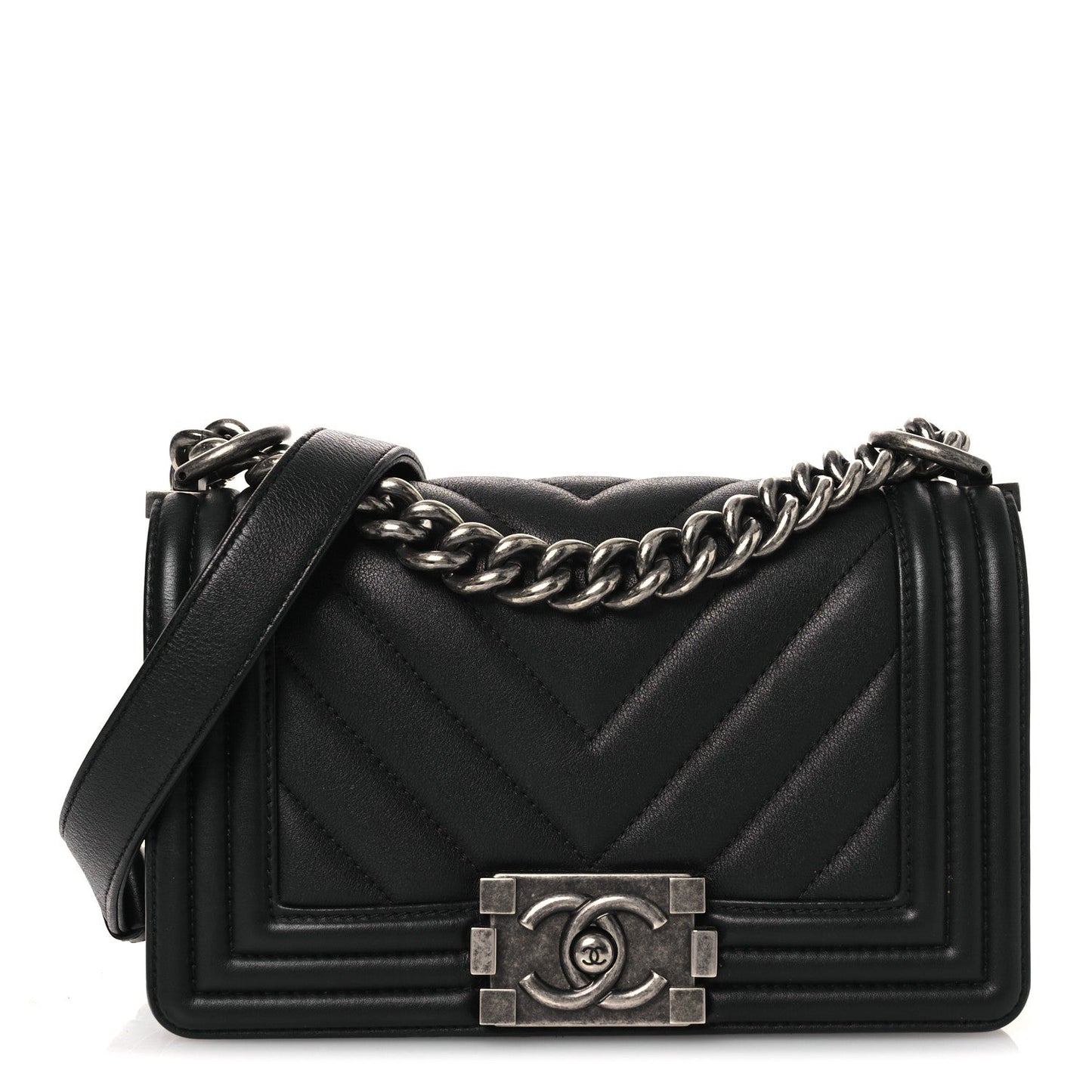 Lambskin Chevron Quilted Small Boy Flap Black