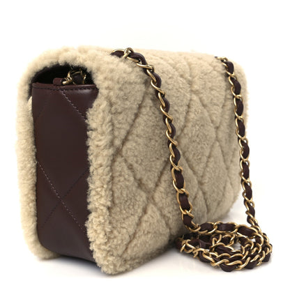 Shearling Lambskin Quilted Furry Coco Flap Beige Dark Brown