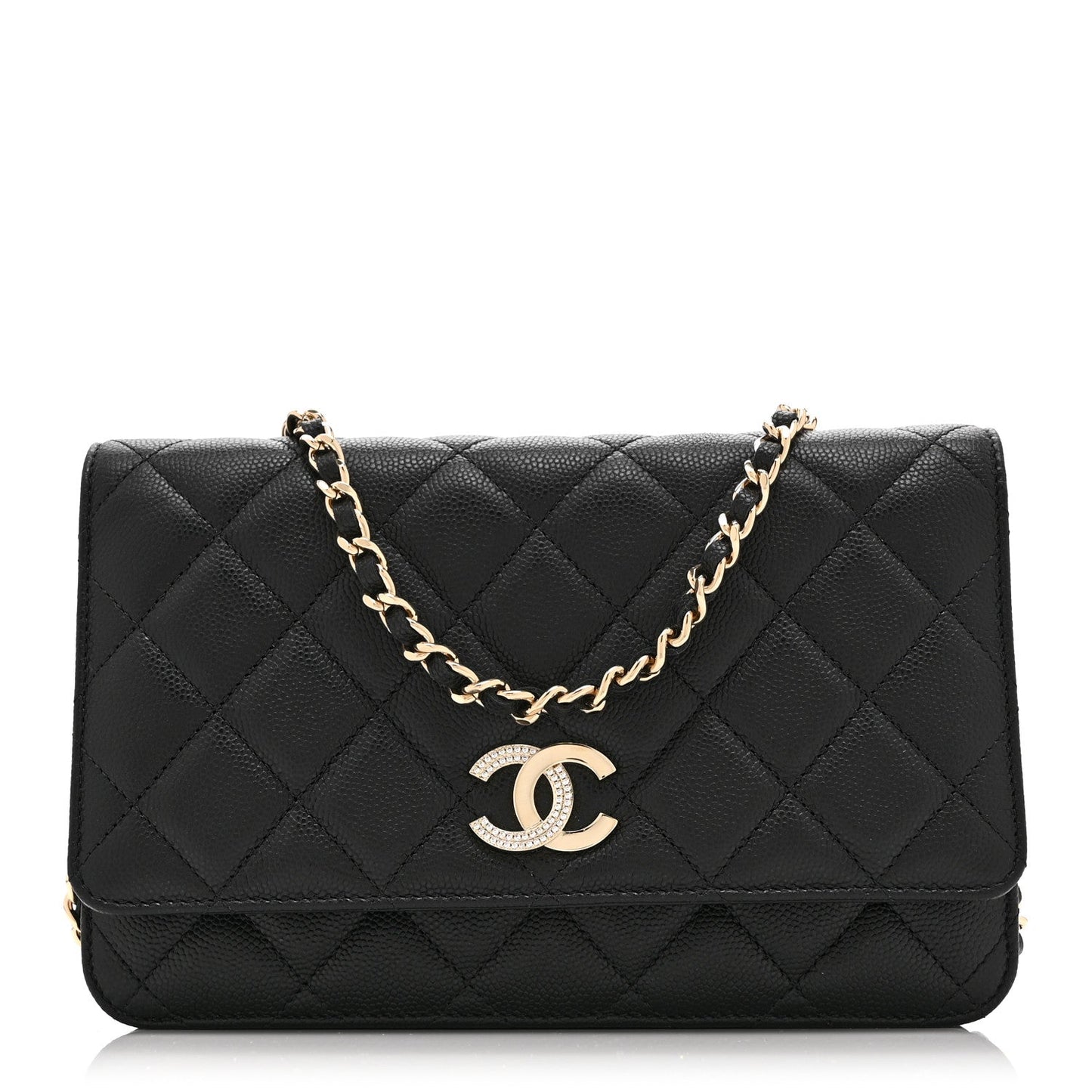 Caviar Quilted Crystal CC Wallet On Chain WOC Black