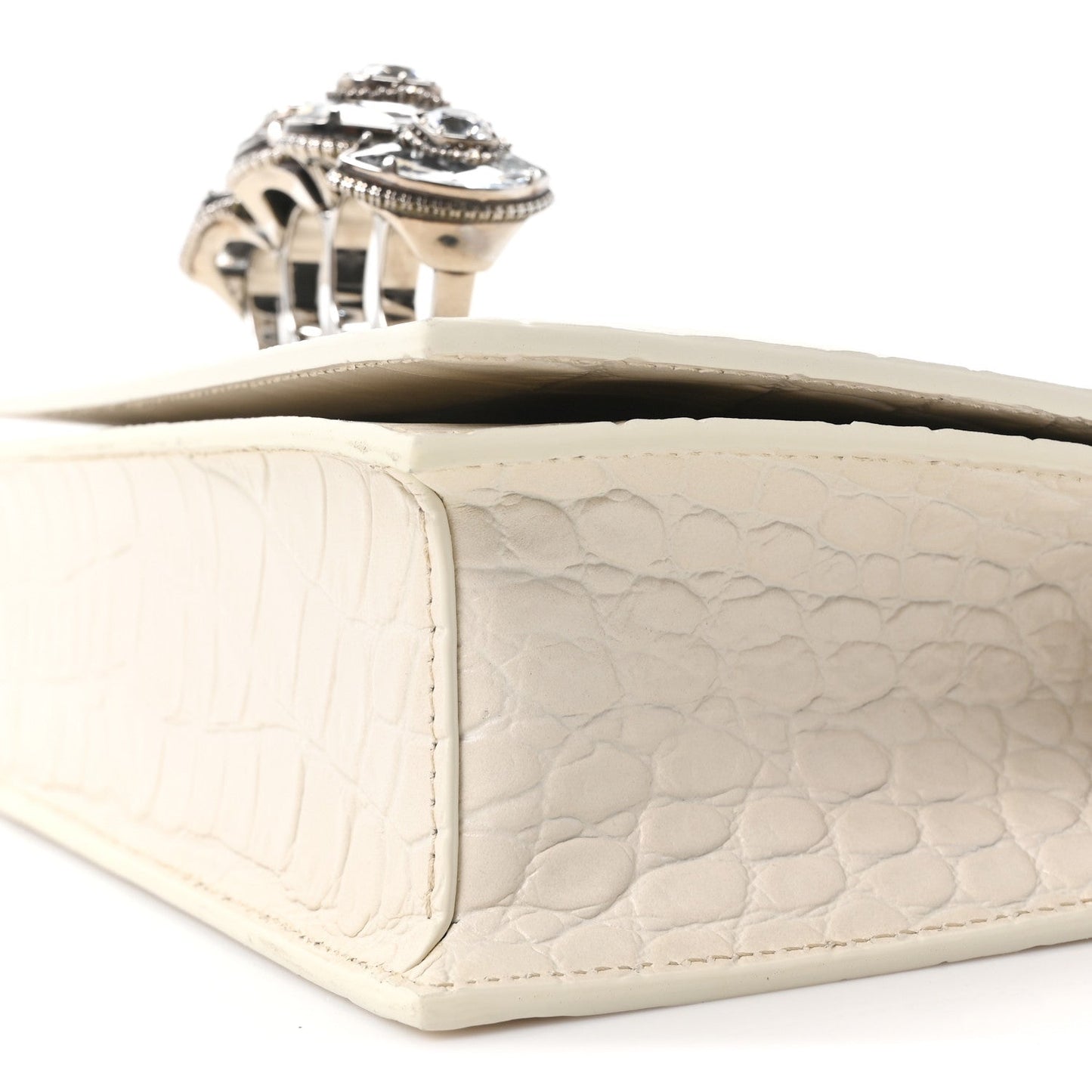Shiny Calfskin Crocodile Embossed Knuckle Jeweled Crossbody White