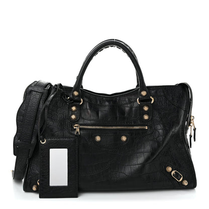 Calfskin Crocodile Embossed Giant 12 Gold Hardware City Black