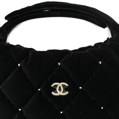 Velvet Diamanté Quilted Pocket Pouch Hobo Black