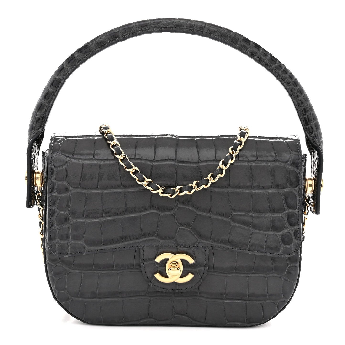 Calfskin Crocodile Embossed Turn Around Mini Flap Dark Grey