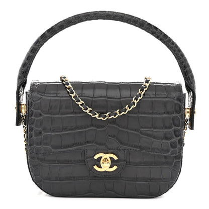 Calfskin Crocodile Embossed Turn Around Mini Flap Dark Grey