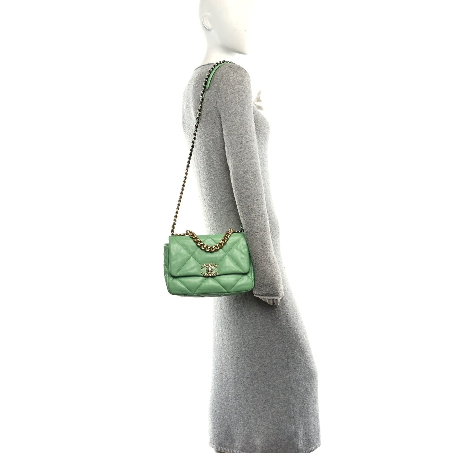 Goatskin Quilted Medium Chanel 19 Flap Light Green
