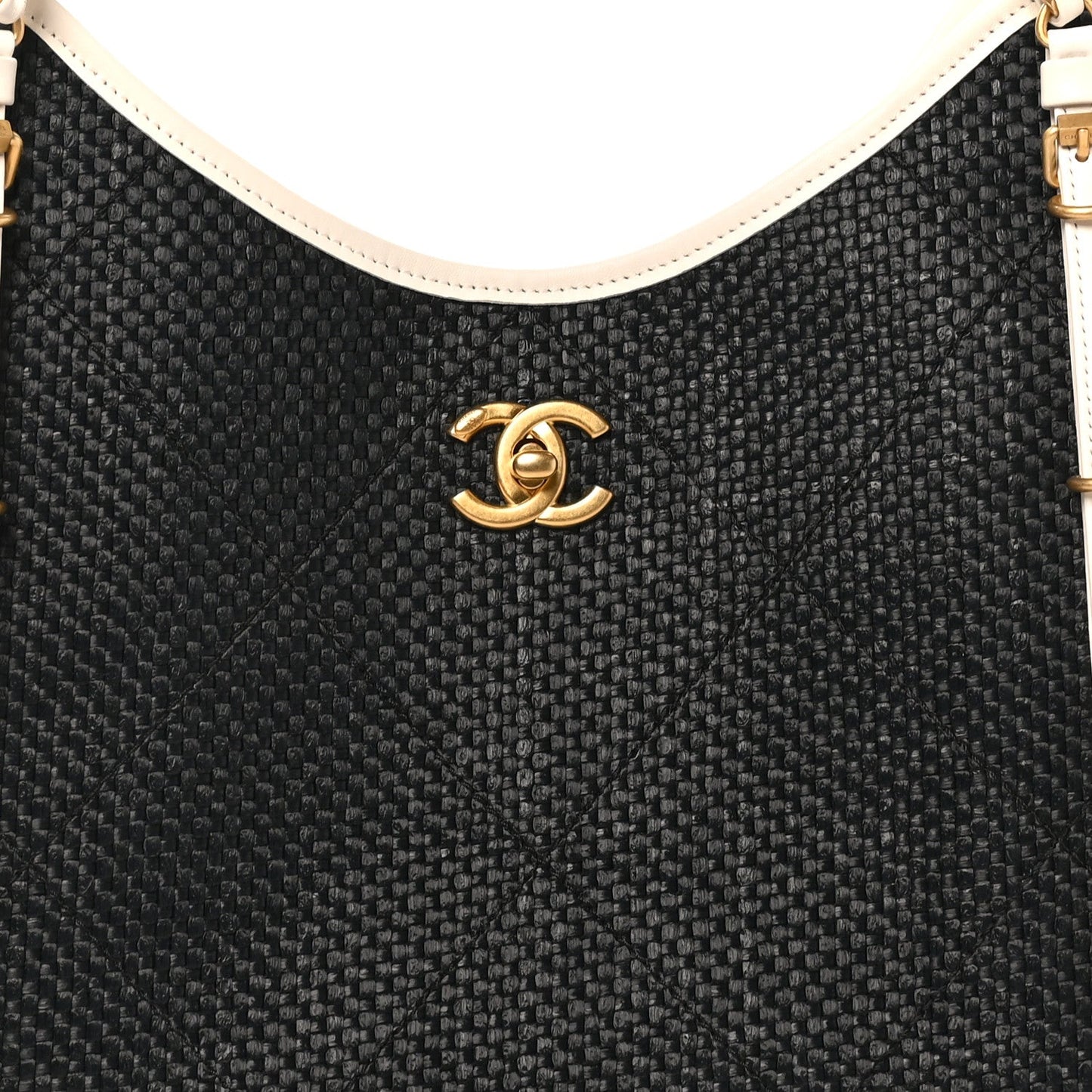 Calfskin Raffia Braided Small Shopping Tote Black White