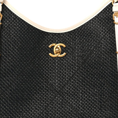 Calfskin Raffia Braided Small Shopping Tote Black White