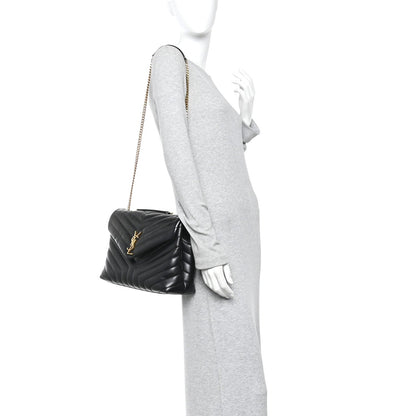 Calfskin Y Quilted Monogram Medium Loulou Chain Satchel Black
