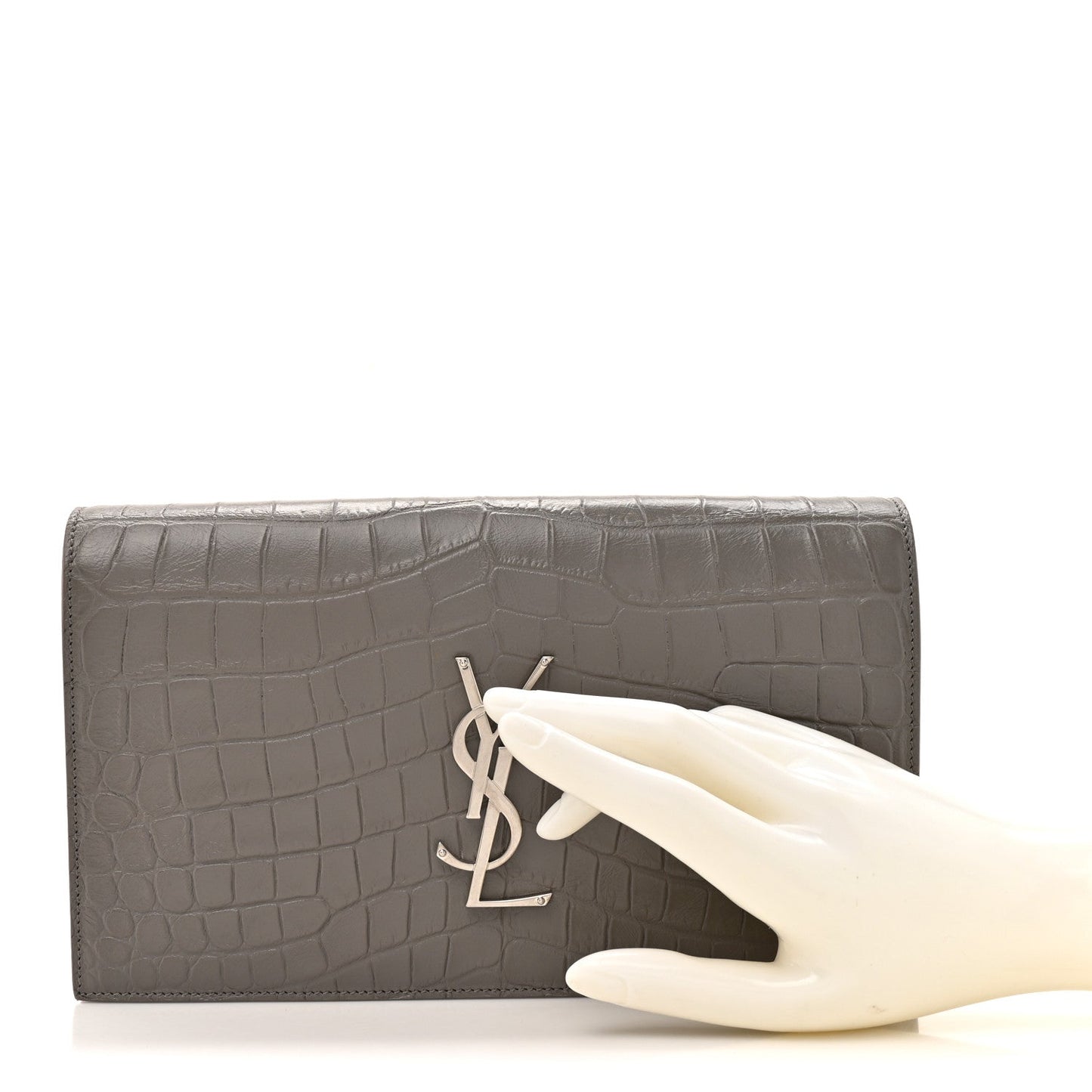 Croc Embossed Calfskin Classic Kate Monogram Clutch Fog