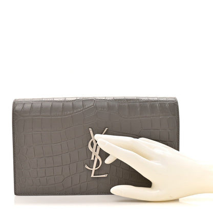 Croc Embossed Calfskin Classic Kate Monogram Clutch Fog