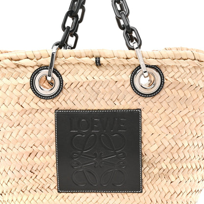 Raffia Calfskin Medium Chain Basket Tote Bag Natural Black