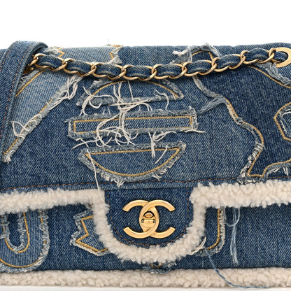 Denim Shearling Hieroglyph Flap Blue