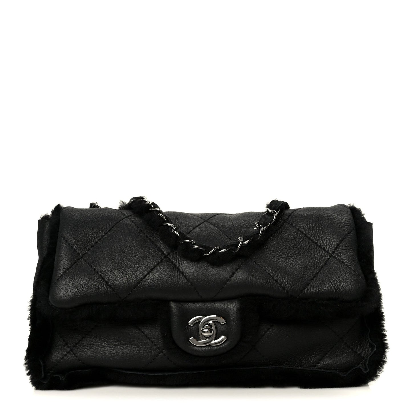 Shearling Quilted Medium Single Flap Black