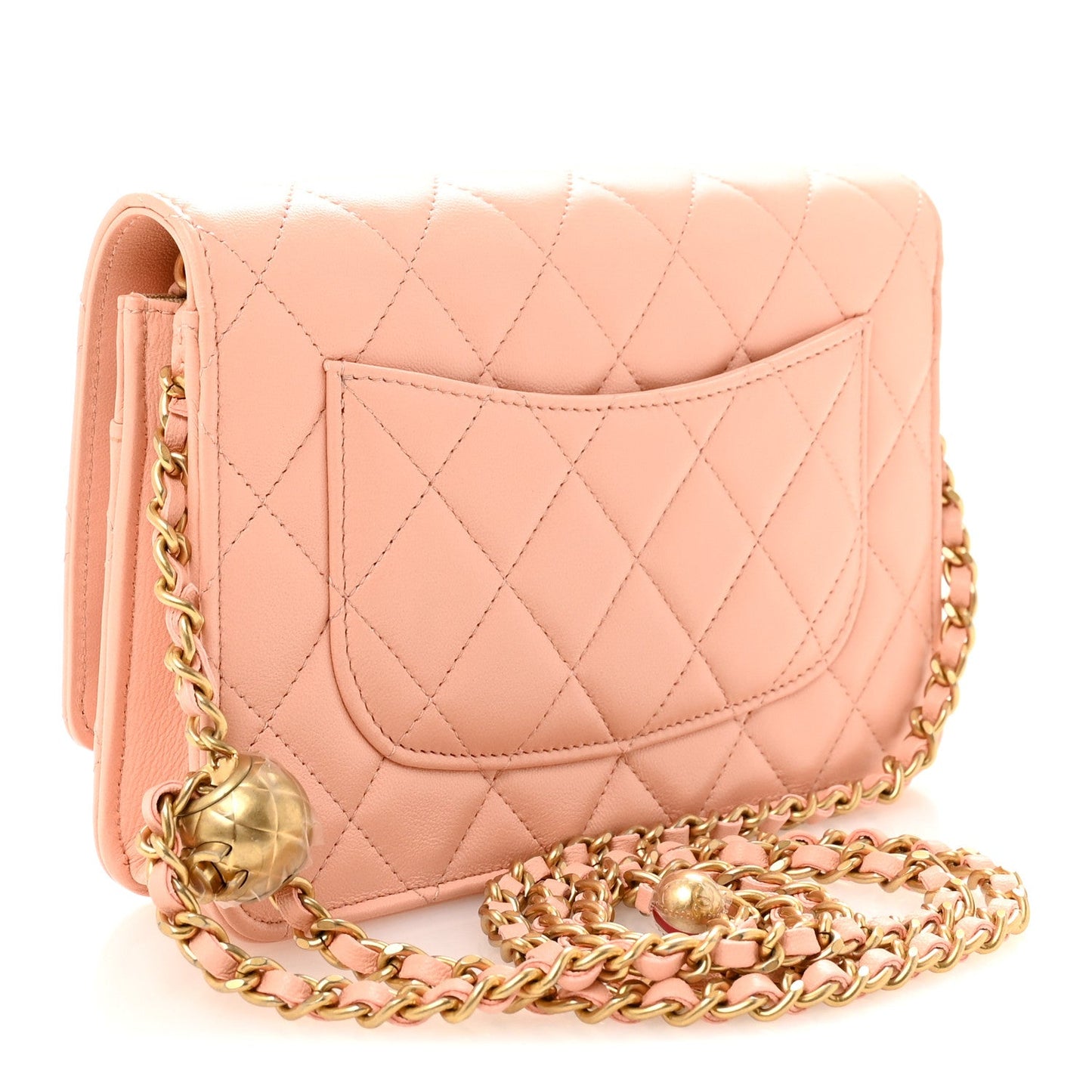 Lambskin Quilted CC Pearl Crush Wallet on Chain WOC Light Orange