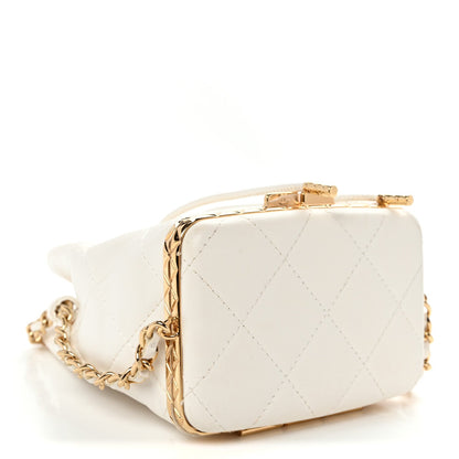 Metal Lambskin Quilted Small Chain Bucket Bag White