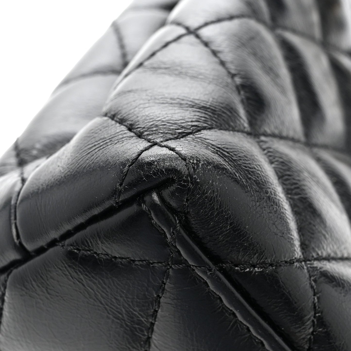 Shiny Aged Calfskin Quilted Nano Kelly Shopper Black