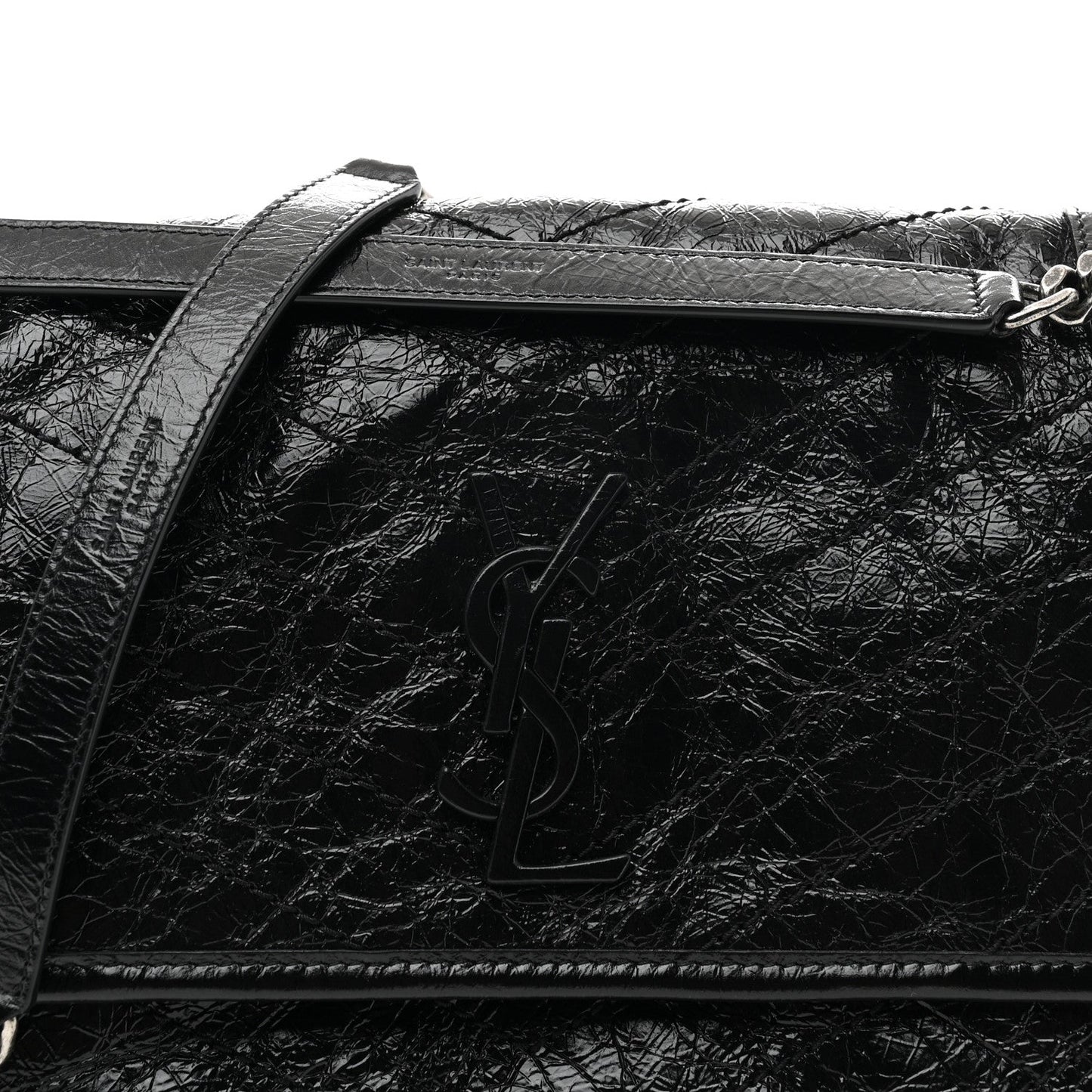 Crinkled Calfskin Matelasse Monogram Medium Niki Chain Satchel Black