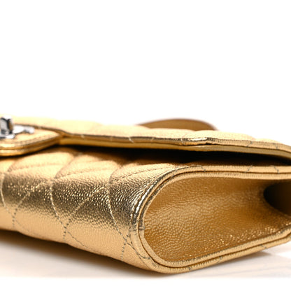 Metallic Caviar Quilted Top Handle Flap Clutch With Chain Gold
