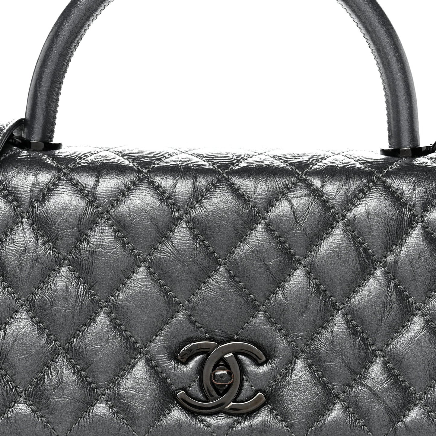 Metallic Aged Calfskin Quilted Small Coco Handle Flap Charcoal