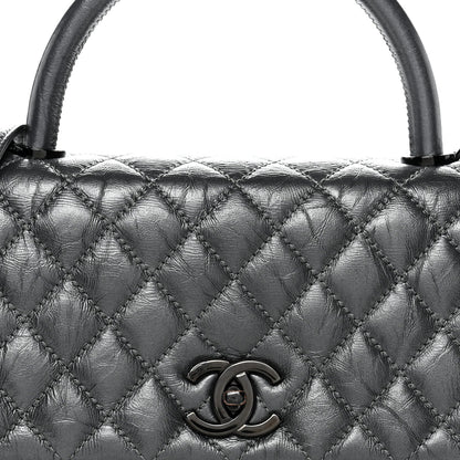 Metallic Aged Calfskin Quilted Small Coco Handle Flap Charcoal