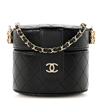 Lambskin Quilted Mini Round Vanity Case With Chain Black