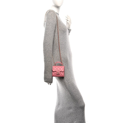 Lambskin Quilted Top Handle Clutch With Chain Pink