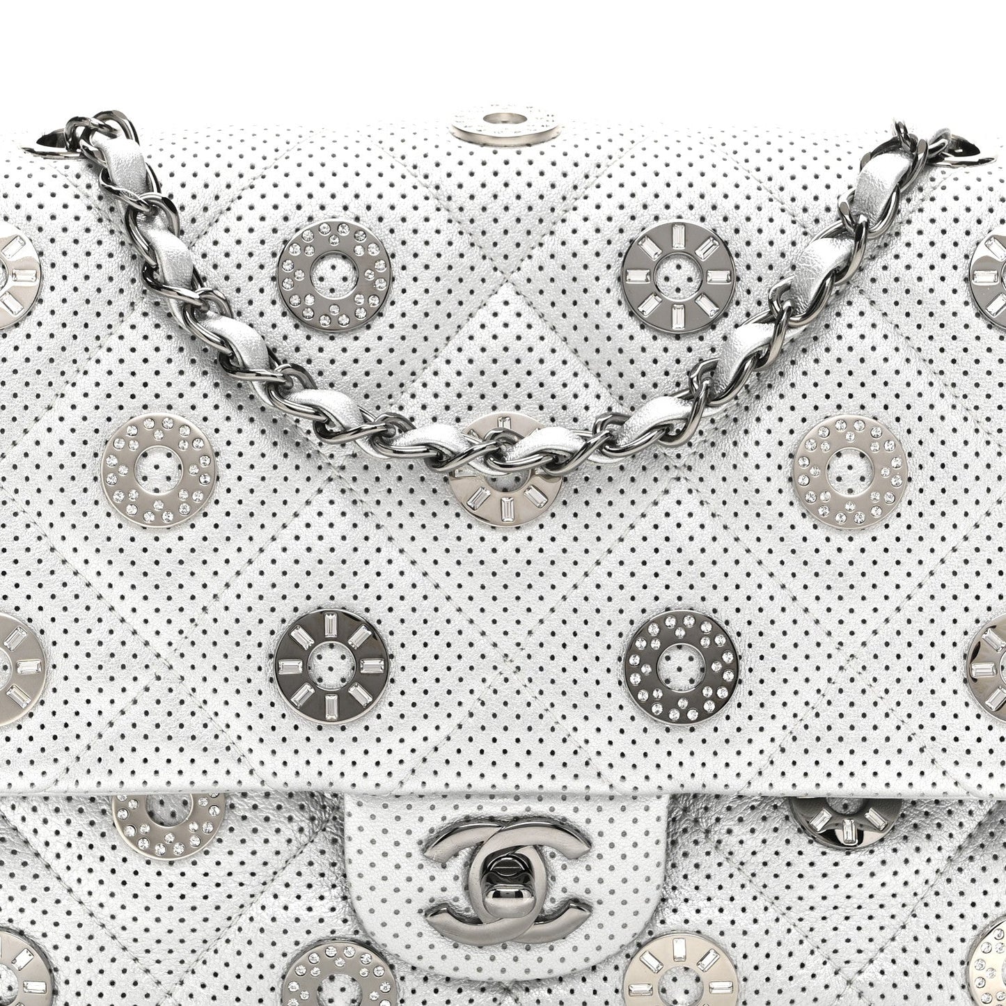 Perforated Metallic Lambskin Small CC Medals Flap Silver