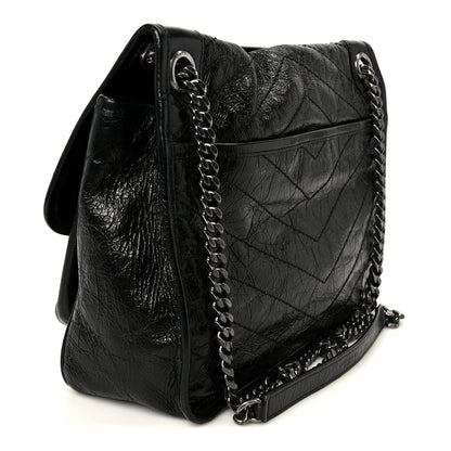 Crinkled Calfskin Matelasse Monogram Medium Niki Chain Satchel Black