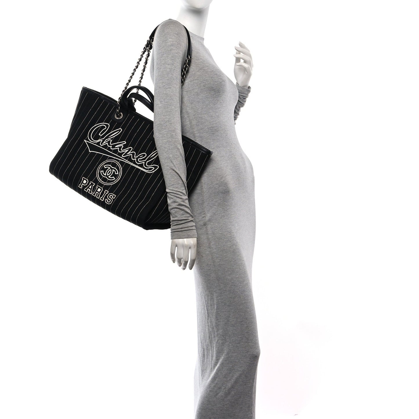 Canvas Calfskin Striped Medium Deauville Tote Black White