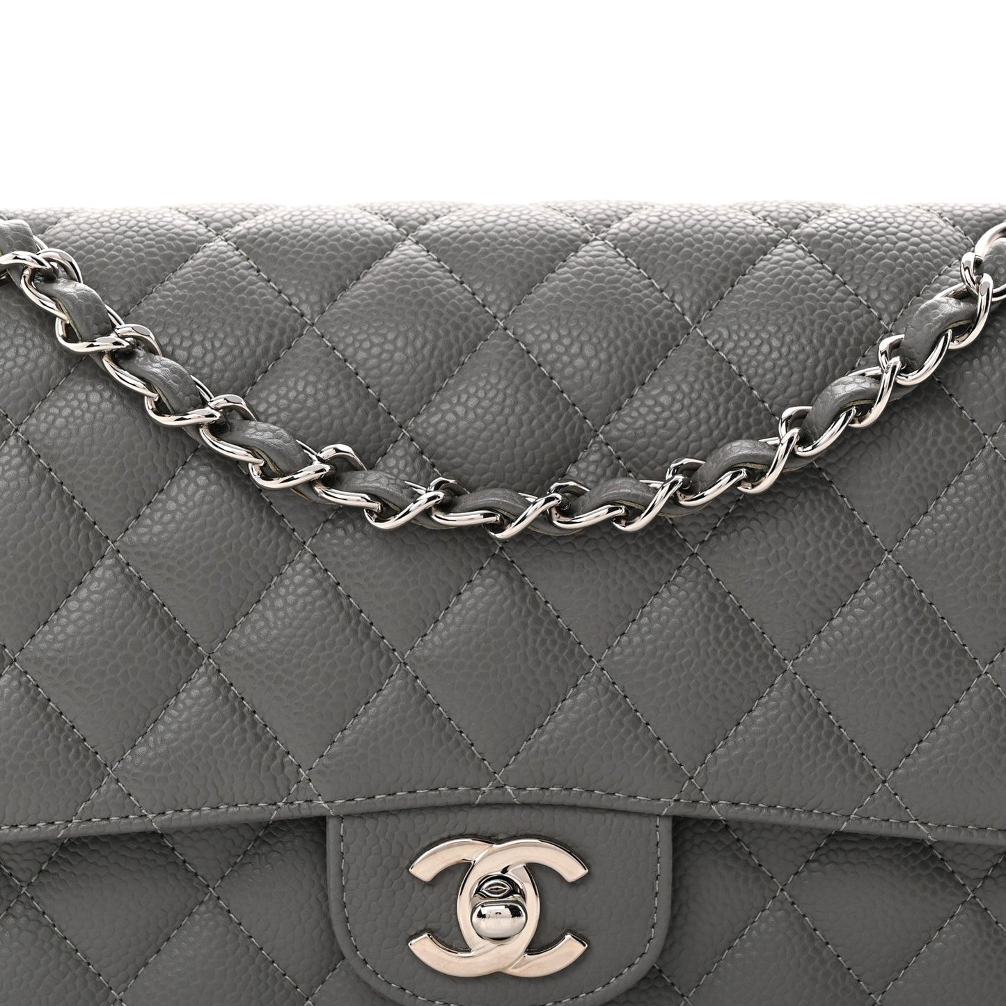 Caviar Quilted Medium Double Flap Grey