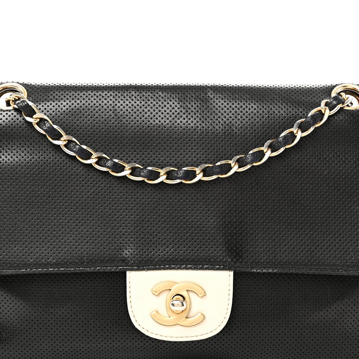 Lambskin Perforated Medium Single Flap Bag Black White