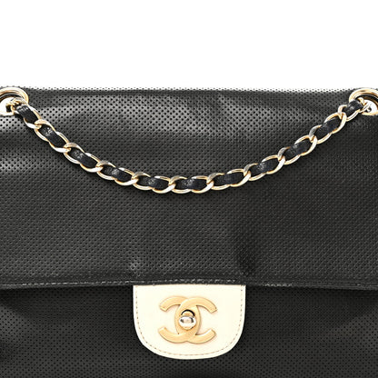 Lambskin Perforated Medium Single Flap Bag Black White