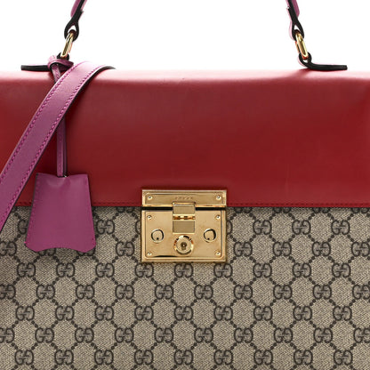 GG Supreme Monogram Calfskin Medium Padlock Top Handle Bag Beige Hibiscus Red New Rosette