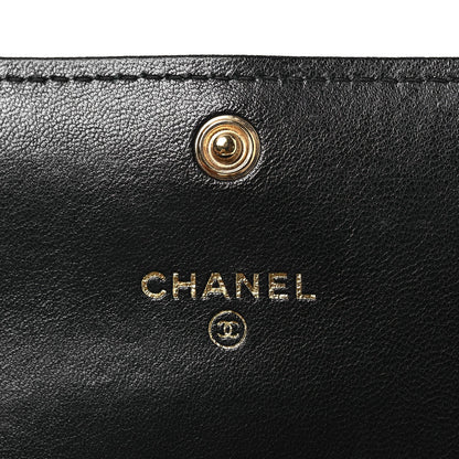 Lambskin Pearl Quilted CC Flap Card Holder With Chain  Black